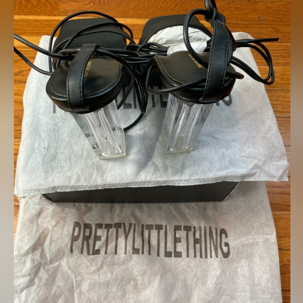 Pretty Little Thing Black Lace Up High Clear Block Heels, Black, US 10 - Picture 3 of 5